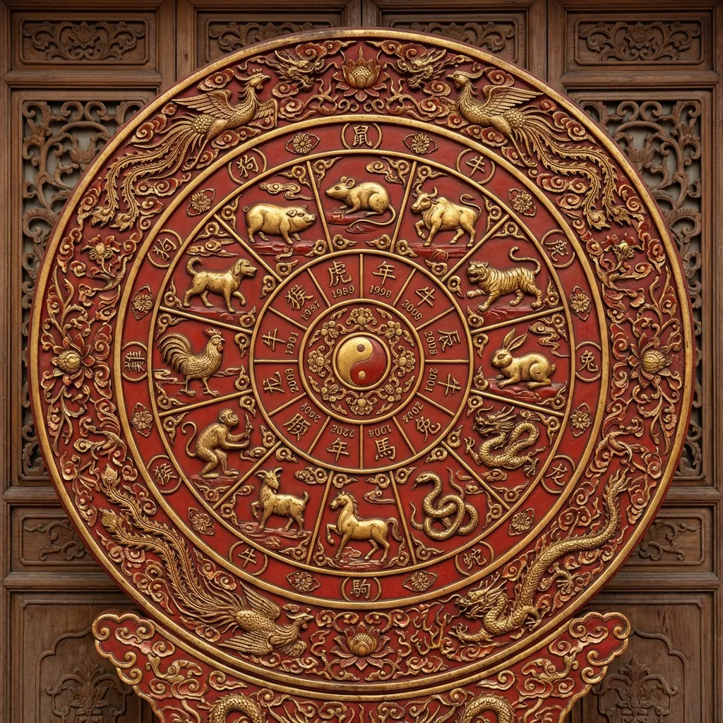 Chinese zodiac wheel showing all twelve animals arranged in a circle